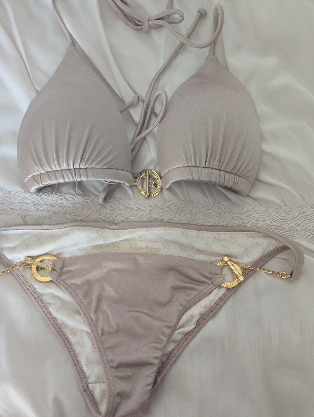 Victoria's Secret Shimmery Taupe Triangle Bikini with Gold Hardware